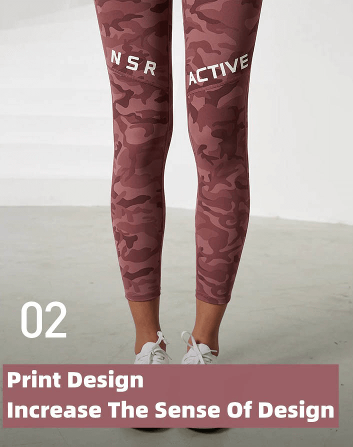 Woman wearing pink camouflage high waist seamless leggings with white sneakers, highlighting print design for style enhancement.